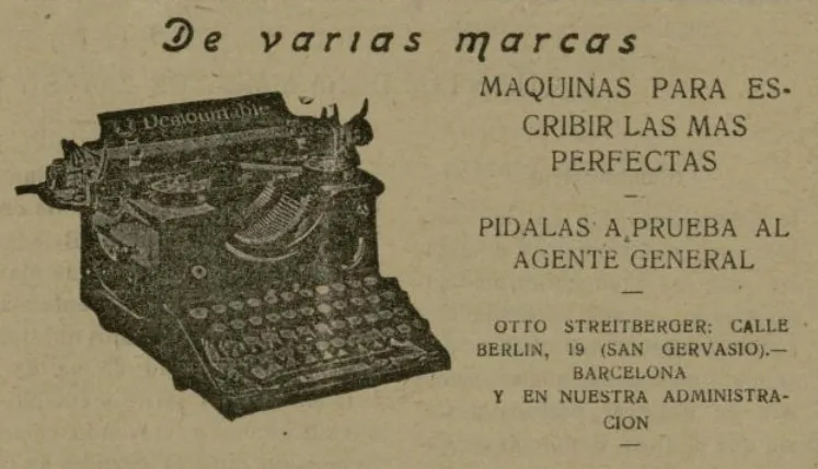 Clic para ampliar fotografía Anuncio de venta de máquinas de escribir en La voz de la mujer (05.12.1928) — Otto Streitberger, calle Berlín, 19 (San Gervasio), Barcelona