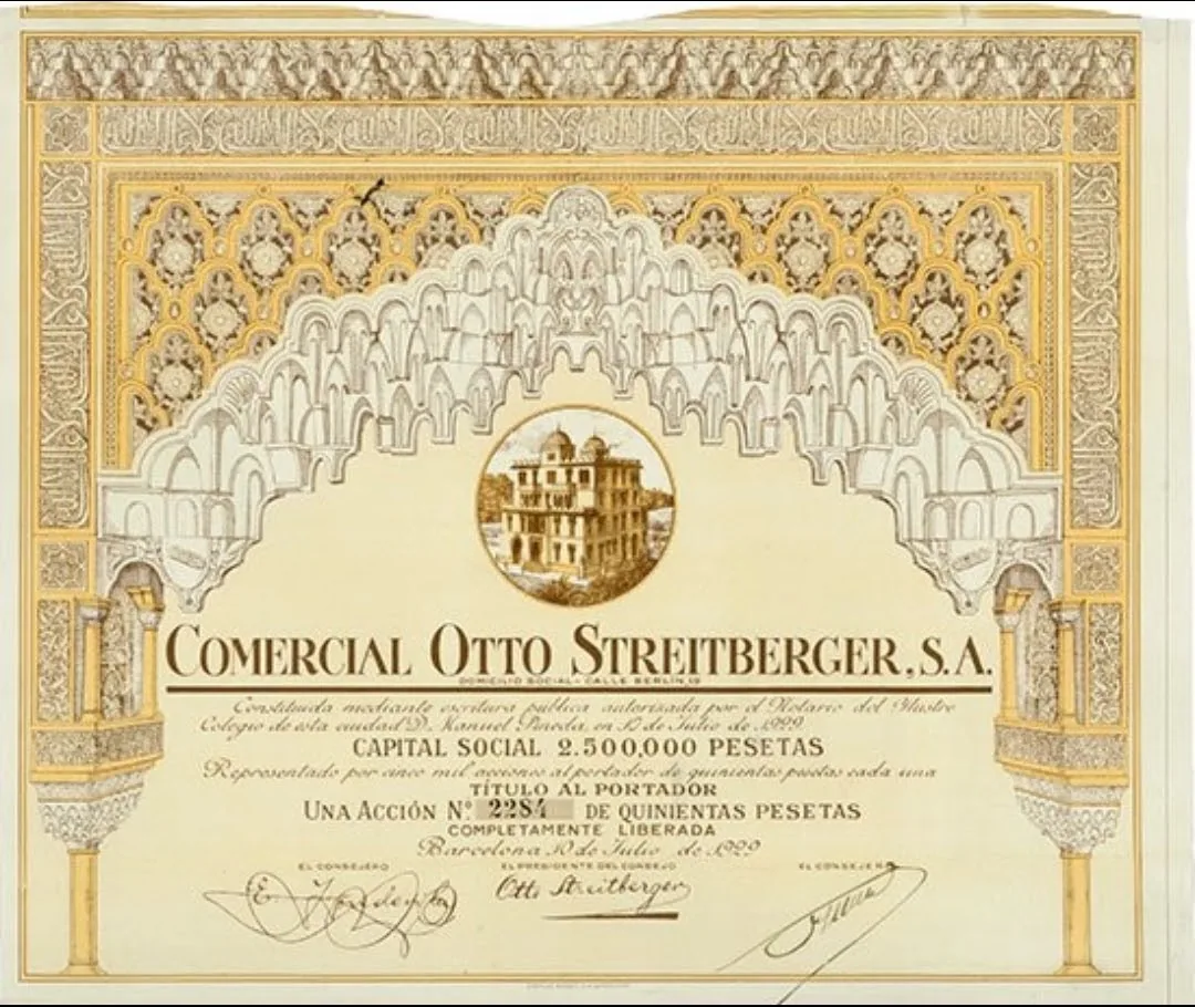 Clic para ampliar fotografía Acción de 500 pesetas fechada en Barcelona el 10 de julio de 1929 vinculada a Otto Streitberger