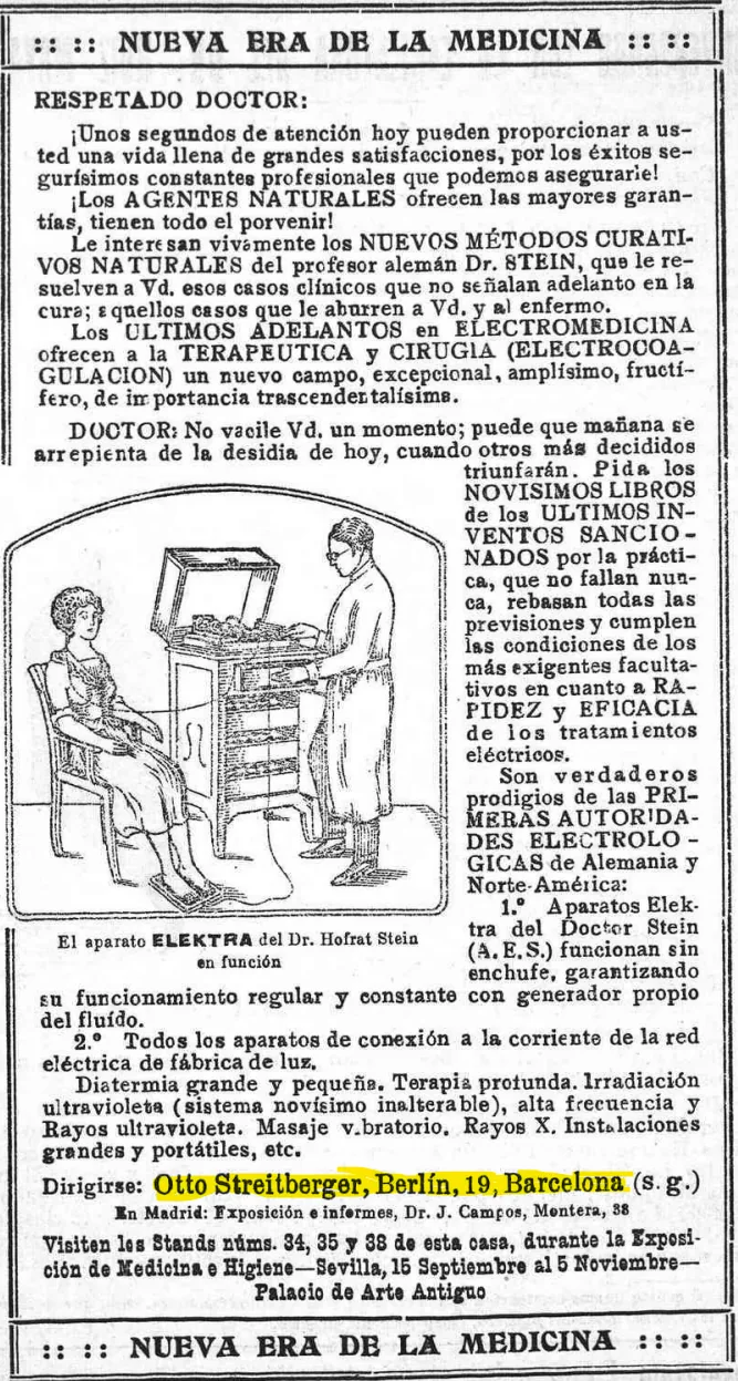 Clic para ampliar fotografía Reportaje y anuncio ilustrado de la máquina de electroterapia Elektra del Dr. Otto Streitberger