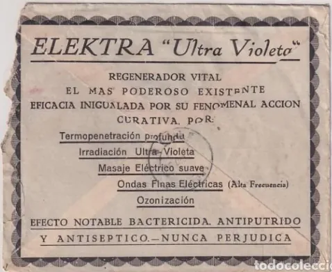 Clic para ampliar fotografía Publicidad de venta de la máquina Elektra «Ultra Violeta» del Dr. Otto Streitberger (reverso)