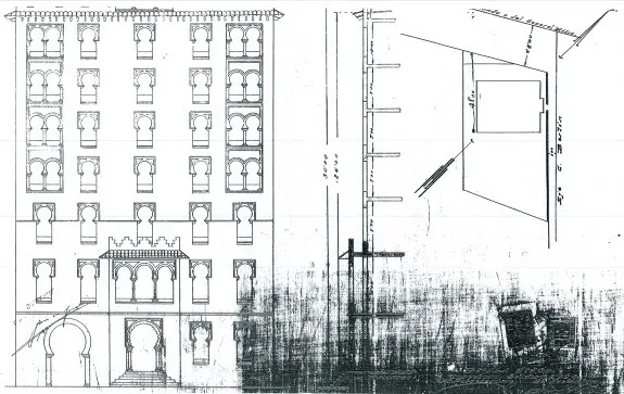 Planos de fachada y ubicación de la ampliación a seis pisos de altura por el arquitecto Juan Ventura Polit en 1930